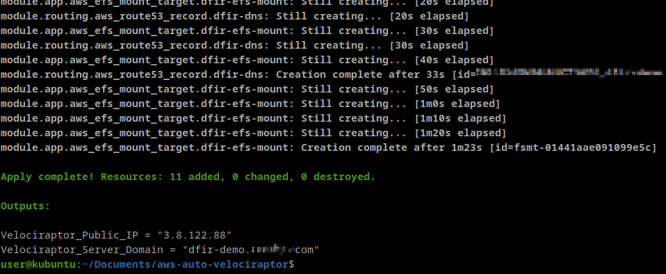 Partial output of Terraform script, showing successful deployment in under 90 seconds