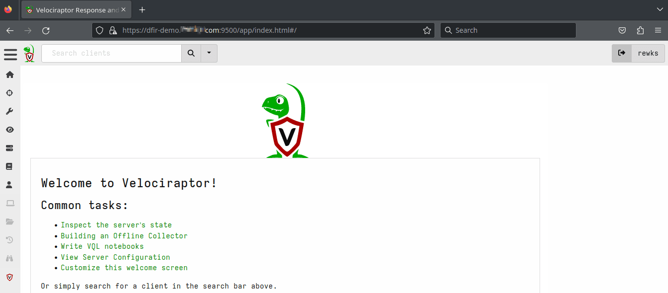 Home page of Velociraptor analyst GUI, showcasing a successful deployment