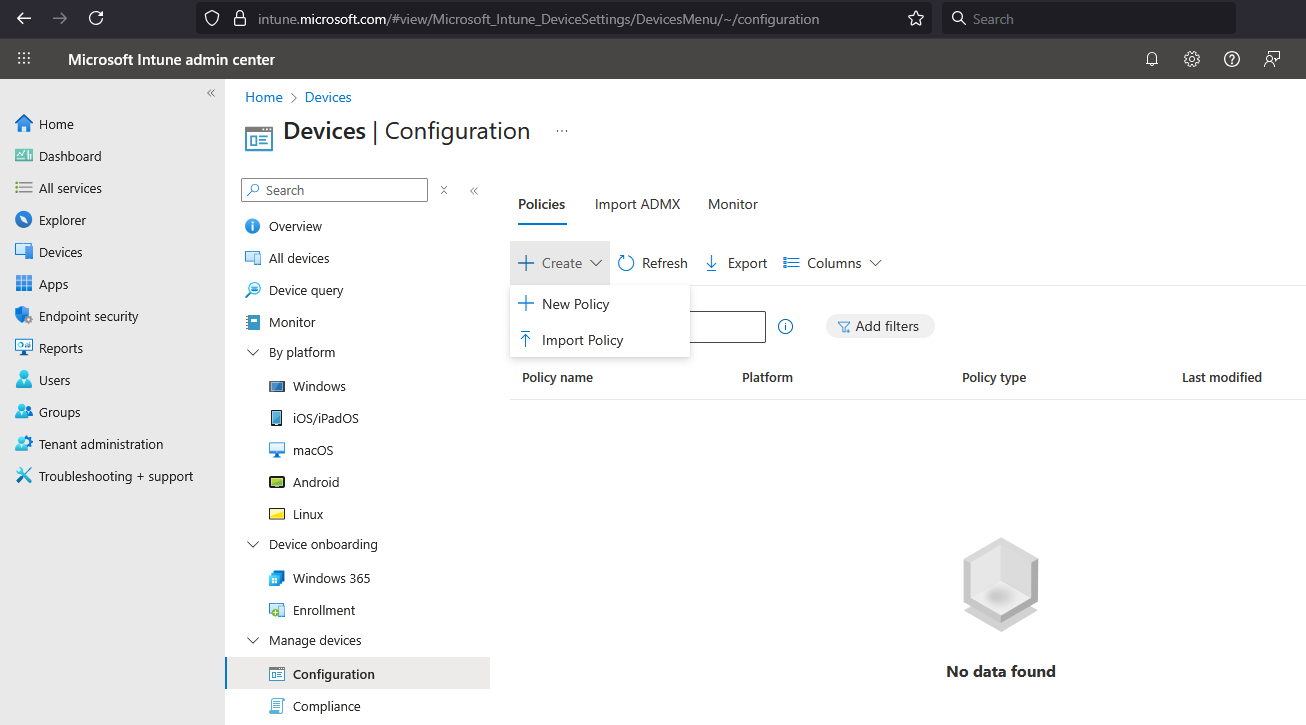 Creating a new device configuration policy in Intune