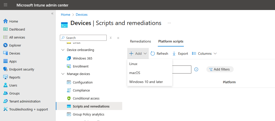Creating a new PowerShell script for deployment in Intune