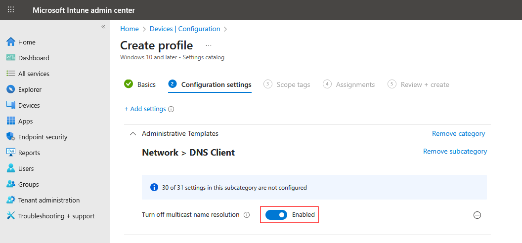 Enabling the setting to disable LLMNR