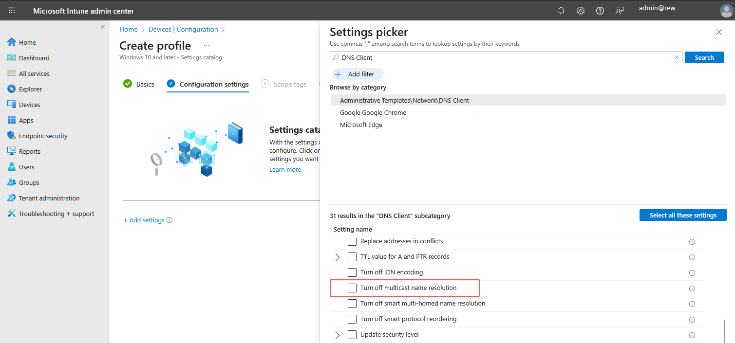 Locating the LLMNR related item in the settings catalog