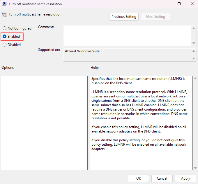 LLMNR Group Policy setting configuration