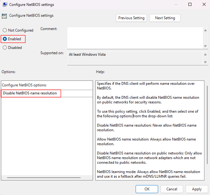 LLMNR Group Policy setting configuration
