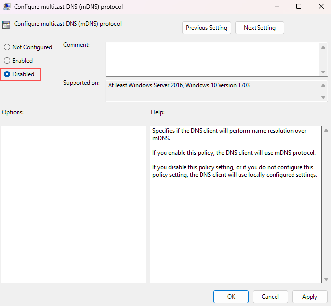 mDNS Group Policy setting configuration