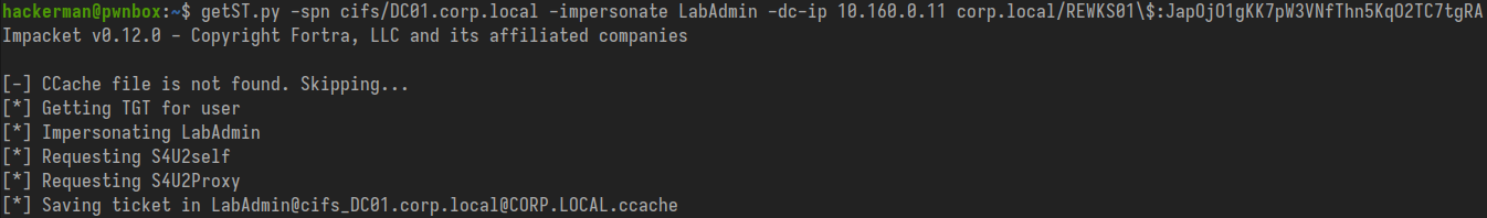 Retrieving a cifs service ticket for an administrator using getST.py
