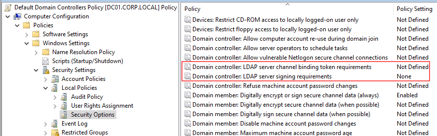 Default Domain Controller group policy LDAP security settings