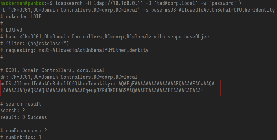Using ldapsearch to query the victim's msDS-AllowedToActOnBehalfOfOtherIdentity attribute